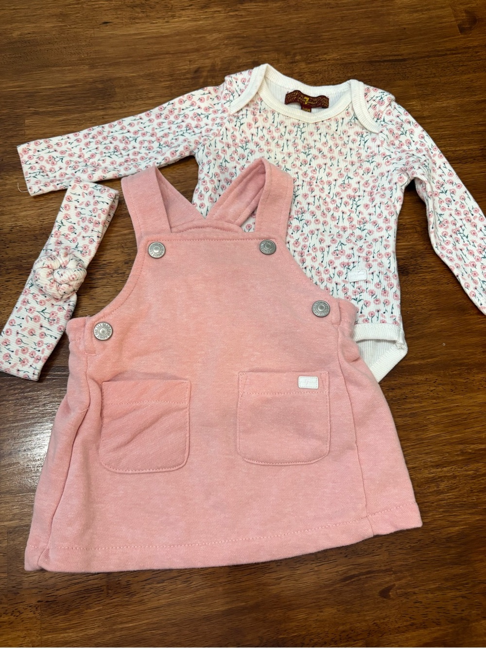 7 For All Mankind Pink Overall Dress with Floral Bodysuit and Headband
